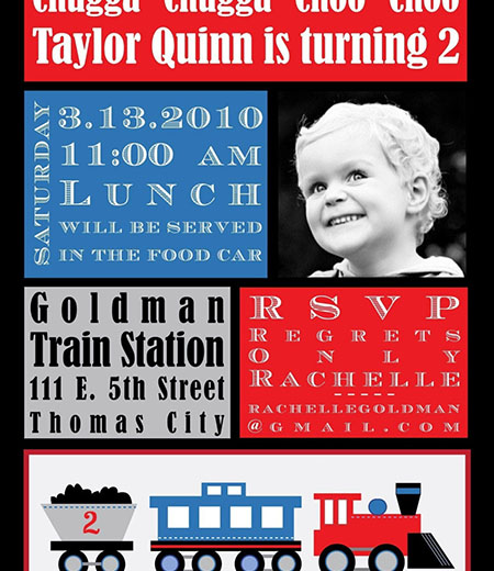 Modern Train Birthday Party Printable Invitation - Red Blue